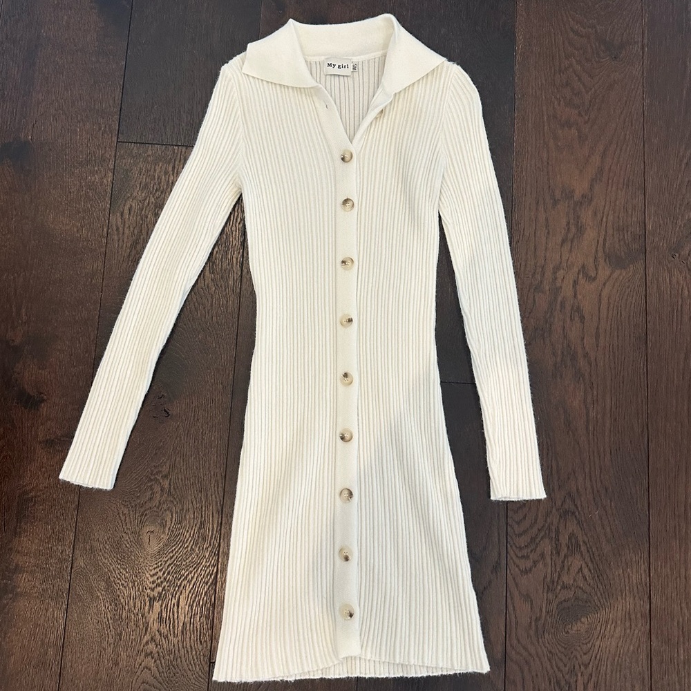 Elegant Cream Button-Up Ribbed Dress